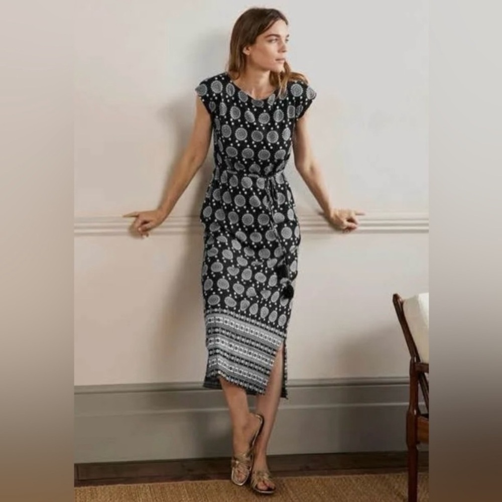 Boden Jersey Maxi Dress Black and White Geometric Pattern Size 16/18